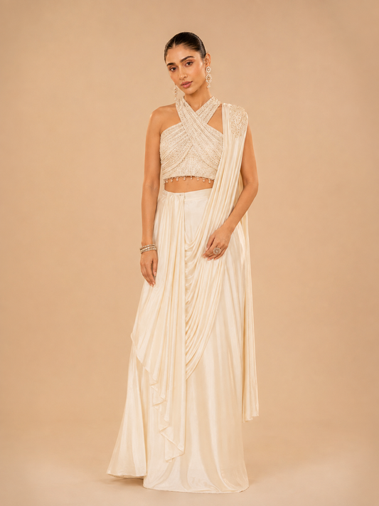 Nayaab Ivory Pearl Drape Saree