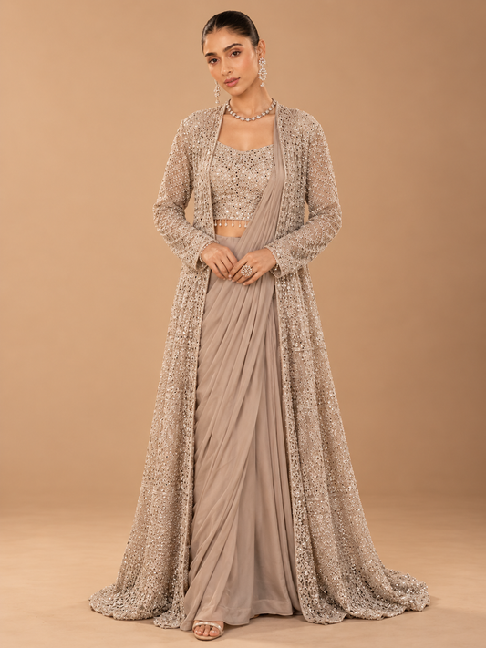 Nayaab Taupe Sequin Drape Saree with Embroidered Jacket