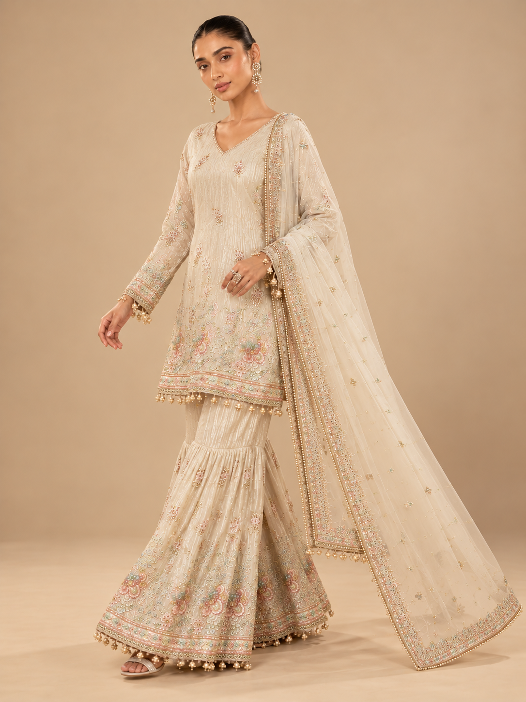 Nayaab Pastel Ivory Sharara Set